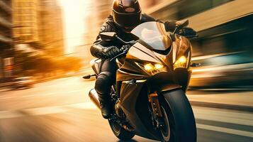 Motorcyclist with helmet at high speed, blurred lights, city road photo