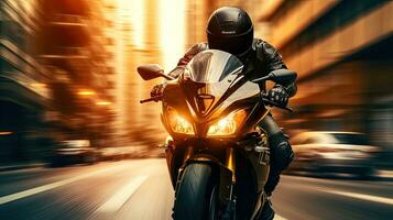 Motorcyclist with helmet at high speed, blurred lights, city road photo