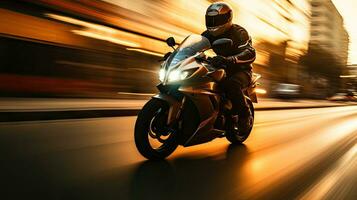 Motorcyclist with helmet at high speed, blurred lights, city road photo