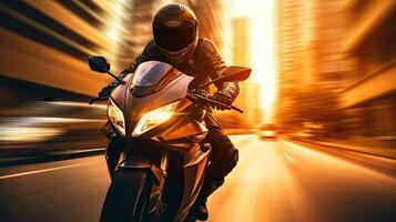 Motorcyclist with helmet at high speed, blurred lights, city road photo