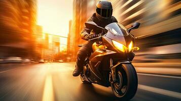 Motorcyclist with helmet at high speed, blurred lights, city road photo