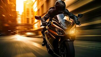 Motorcyclist with helmet at high speed, blurred lights, city road photo