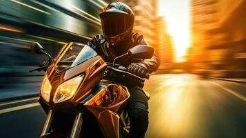 Motorcyclist with helmet at high speed, blurred lights, city road photo