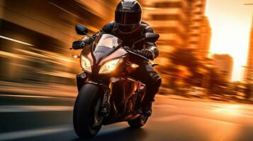 Motorcyclist with helmet at high speed, blurred lights, city road photo