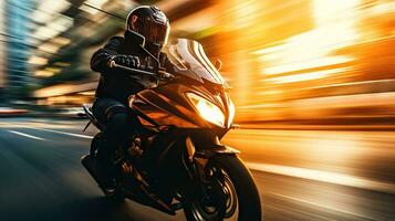 Motorcyclist with helmet at high speed, blurred lights, city road photo