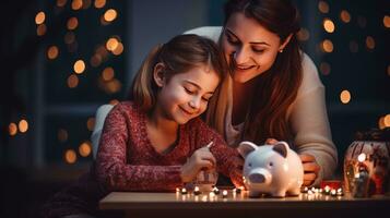 Mother and daughter holding piggy bank counting savings at night light in house photo