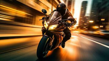 Motorcyclist with helmet at high speed, blurred lights, city road photo