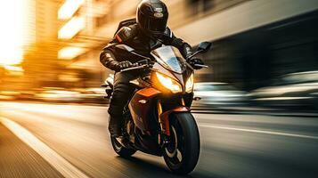 Motorcyclist with helmet at high speed, blurred lights, city road photo