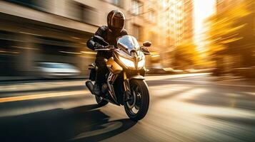 Motorcyclist with helmet at high speed, blurred lights, city road photo