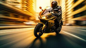 Motorcyclist with helmet at high speed, blurred lights, city road photo