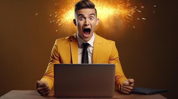 Young businessman in a successful suit shouts with joy Receive notifications from your laptop photo