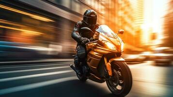 Motorcyclist with helmet at high speed, blurred lights, city road photo