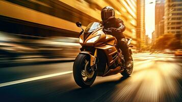 Motorcyclist with helmet at high speed, blurred lights, city road photo