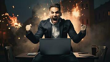 Young businessman in a successful suit shouts with joy Receive notifications from your laptop photo
