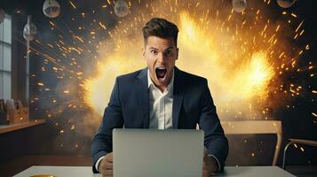 Young businessman in a successful suit shouts with joy Receive notifications from your laptop photo