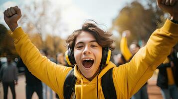 Spanish students celebrate victory and good news online Receive notifications and messages photo