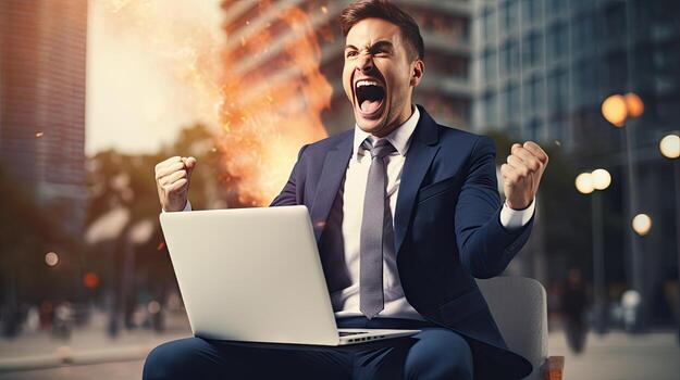 Young businessman in a successful suit shouts with joy Receive notifications from your laptop photo