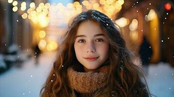 un linda joven niña soportes y sonrisas mirando a el cámara. permanecer en Navidad la carretera a Mira a el Nevado Navidad árbol. foto