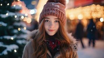 un linda joven niña soportes y sonrisas mirando a el cámara. permanecer en Navidad la carretera a Mira a el Nevado Navidad árbol. foto