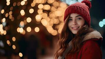 A cute young girl stands and smiles looking at the camera. Stay on Christmas Road to look at the snowy Christmas tree. photo