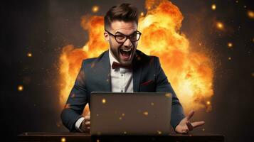 Young businessman in a successful suit shouts with joy Receive notifications from your laptop photo