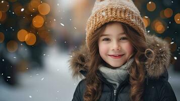 A cute young girl stands and smiles looking at the camera. Stay on Christmas Road to look at the snowy Christmas tree. photo