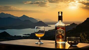 A whiskey glass and a bottle on a bar table In the background are mountains and a sea of mist at sunset. photo