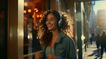 Happy woman holding cell phone enjoying music through wireless headphones on Walk on the sidewalk behind the attraction photo