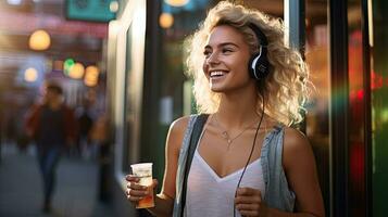 Happy woman holding cell phone enjoying music through wireless headphones on Walk on the sidewalk behind the attraction photo