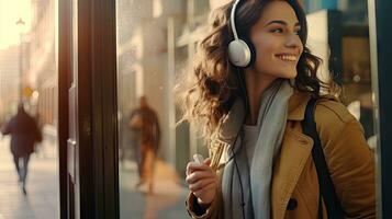 Happy woman holding cell phone enjoying music through wireless headphones on Walk on the sidewalk behind the attraction photo