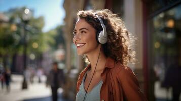 Happy woman holding cell phone enjoying music through wireless headphones on Walk on the sidewalk behind the attraction photo