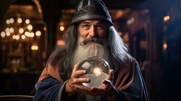 Wizard looking in crystal ball to predict future photo