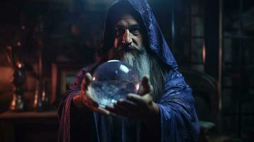 Wizard looking in crystal ball to predict future photo