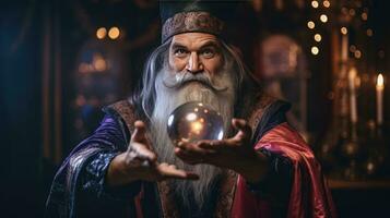 Wizard looking in crystal ball to predict future photo