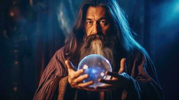 Wizard looking in crystal ball to predict future photo