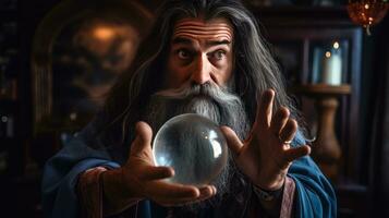 Wizard looking in crystal ball to predict future photo