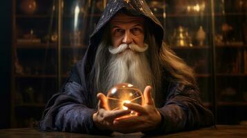 Wizard looking in crystal ball to predict future photo