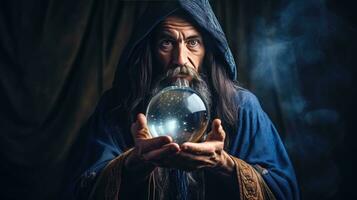 Wizard looking in crystal ball to predict future photo