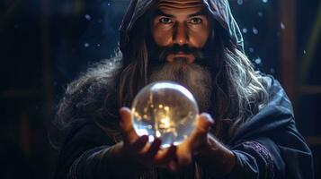 Wizard looking in crystal ball to predict future photo