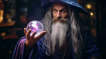 Wizard looking in crystal ball to predict future photo