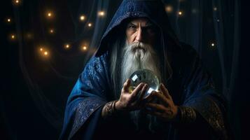 Wizard looking in crystal ball to predict future photo