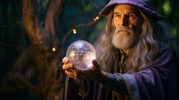 Wizard looking in crystal ball to predict future photo