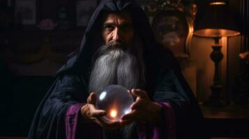 Wizard looking in crystal ball to predict future photo