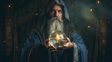 Wizard looking in crystal ball to predict future photo