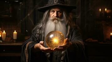 Wizard looking in crystal ball to predict future photo