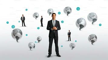 Smiling standing businessman with globe icon set world wide web concept Set of planet web symbols planet icon photo