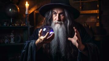 Wizard looking in crystal ball to predict future photo