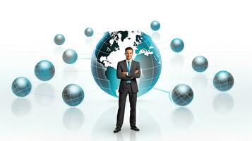 Smiling standing businessman with globe icon set world wide web concept Set of planet web symbols planet icon photo