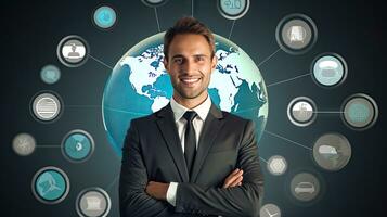 Smiling standing businessman with globe icon set world wide web concept Set of planet web symbols planet icon photo