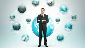 Smiling standing businessman with globe icon set world wide web concept Set of planet web symbols planet icon photo